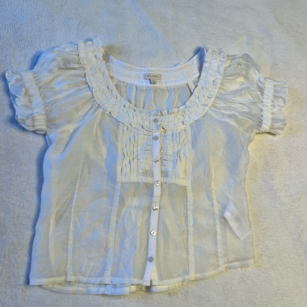 Pilcro White Ruffled Short-Sleeve Blouse
